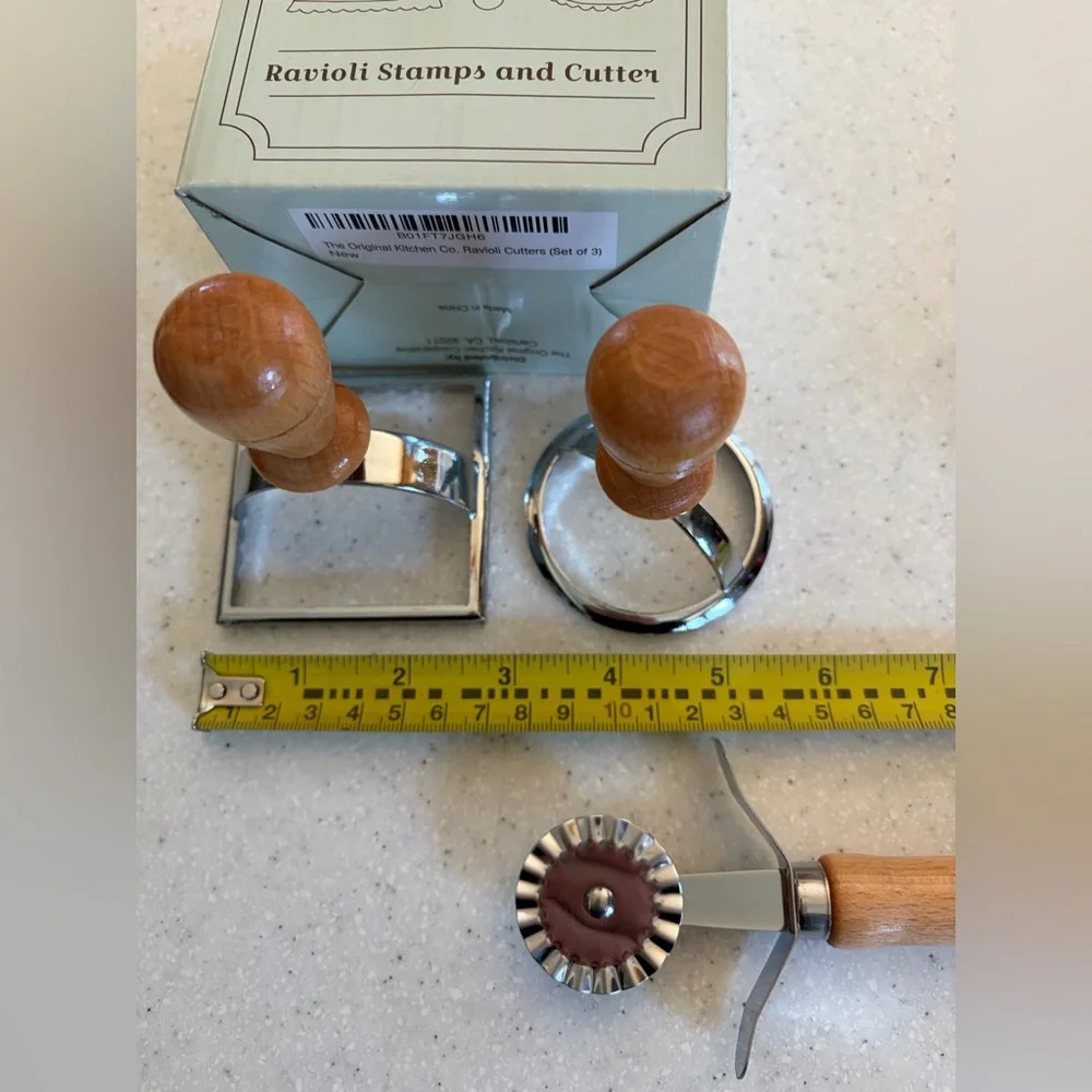 NEW The Original Kitchen Co. Ravioli Stamps & Cutter Set w. Wooden Handles.